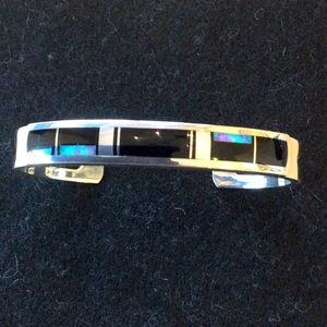Kenneth Bitsie Navajo Onyx and Opal Sterling Silver Cuff Bracelet